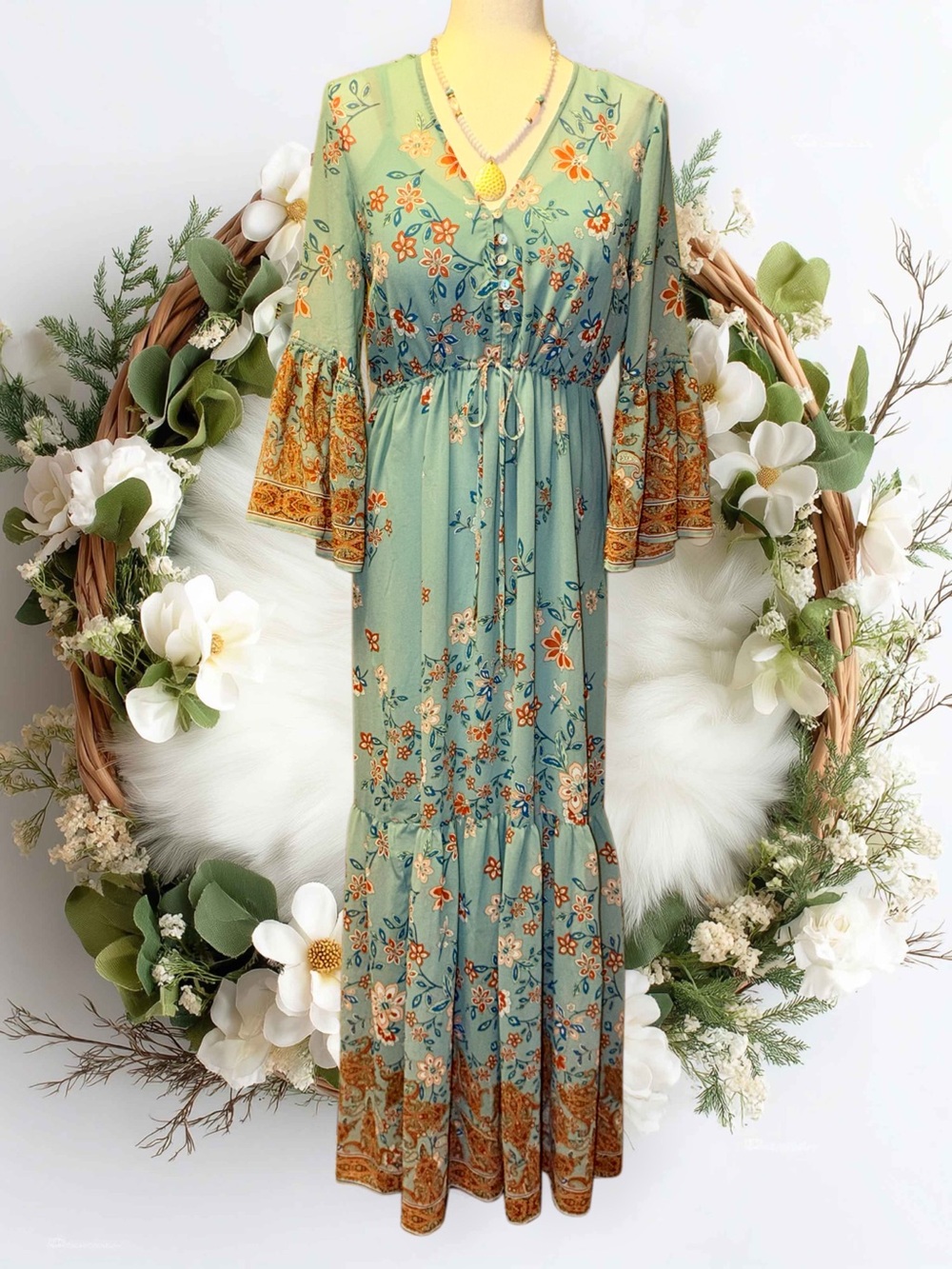 Willow & Clay Julia Border Print Maxi Teal Floral  Dress with Bell Sleeves